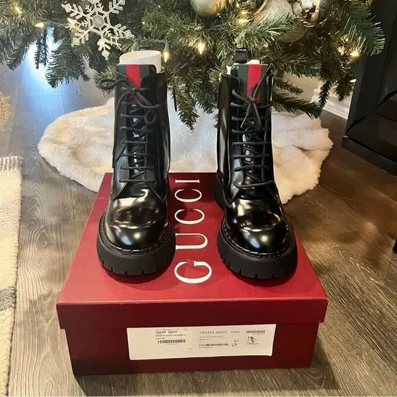 🖤NEW🖤 Gucci Black Leather Combat Lace Up Web Women’s Boots EU 41 - Picture 3 of 13
